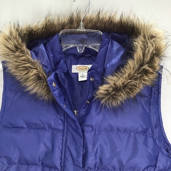 Talbots Down Vest W/Faux Fur Detachable Hood Zip Winter Sapphire Size Medium - Picture 3 of 11